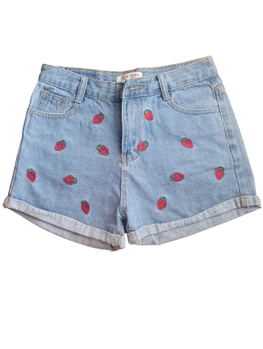 Women’s Light Blue Denim Shorts with Strawberry Embroidery